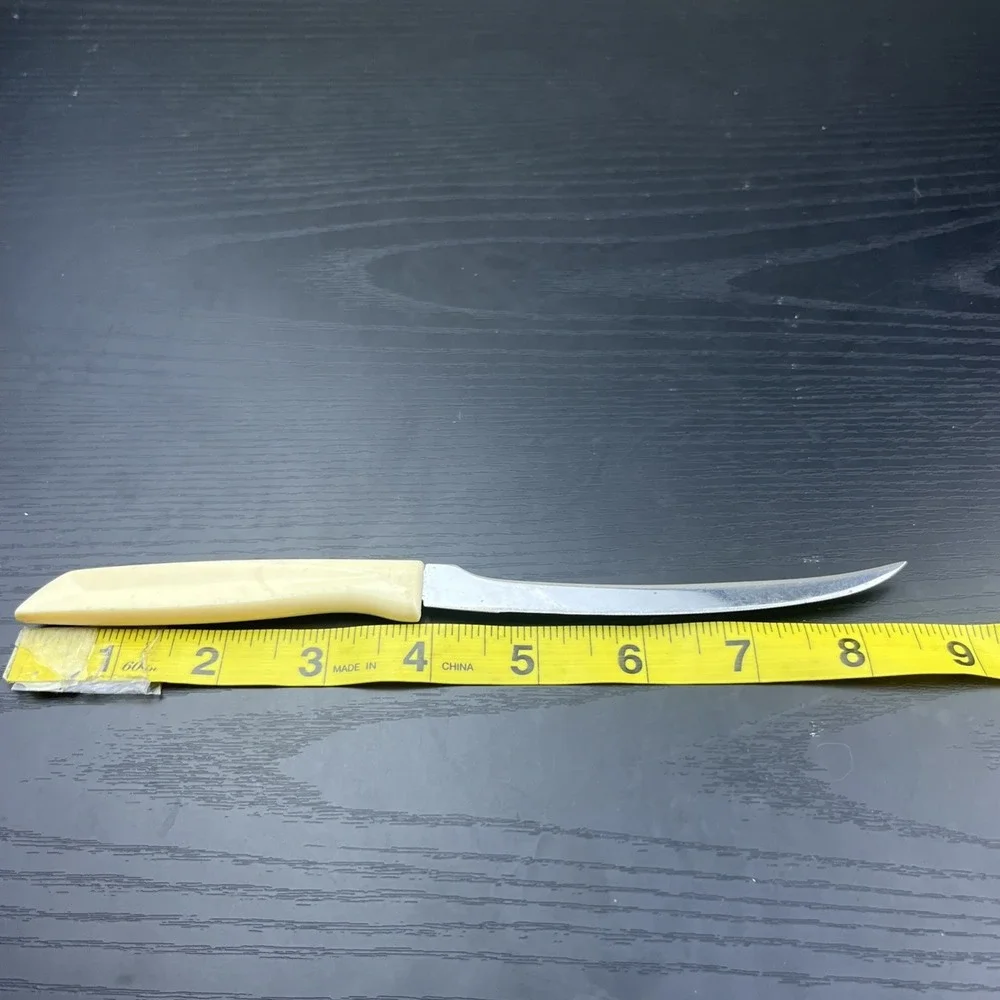Vintage EKCO Serrated Kitchen Knife Stainless Steel Beige Plastic Handle USA
